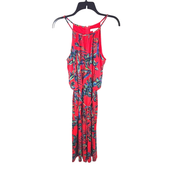 {London Times} Red Tropical Jungle Palm Leaf Print Cropped Sleeveless Jumpsuit - Picture 3 of 14